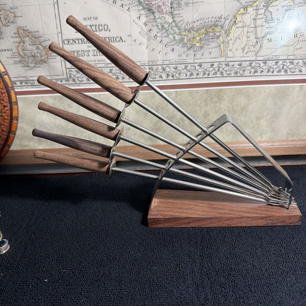 Mid Century Modern Fondue Forks (6) Plus Stand